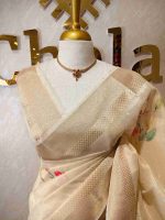Kerala saree with watercolor style prints on the body and pallu