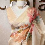 Kerala saree with multi coloured large floral prints on the pallu and same as in the body
