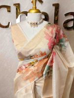 Kerala saree with multi coloured large floral prints on the pallu and same as in the body
