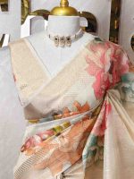 Kerala saree with multi coloured large floral prints on the pallu and same as in the body - Image 2
