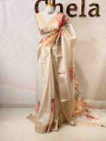 Kerala saree with multi coloured large floral prints on the pallu and same as in the body - Image 3