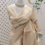 Kerala saree with elegant multi coloured flowers like print