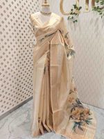 Kerala saree with elegant multi coloured flowers like print - Image 3