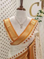 Kerala saree with circle pattern on the body and contrast geometric boarder - Image 5