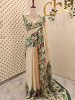 Kerala saree with simple body and multi coloured thick floral prints - Image 3