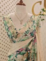 Kerala saree with simple body and multi coloured thick floral prints - Image 2