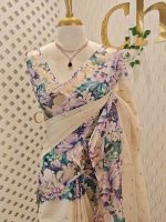 Kerala saree with simple body and multi coloured thick floral prints - Image 4