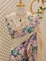 Kerala saree with simple body and multi coloured thick floral prints - Image 5
