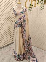 Kerala saree with simple body and multi coloured thick floral prints - Image 6