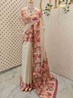 Kerala saree with simple body and multi coloured thick floral prints - Image 9
