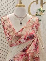 Kerala saree with simple body and multi coloured thick floral prints - Image 8