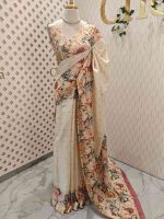 Kerala saree with simple body and multi coloured thick floral prints - Image 12