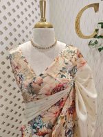 Kerala saree with simple body and multi coloured thick floral prints - Image 11