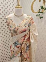 Kerala saree with simple body and multi coloured thick floral prints - Image 10