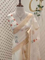 Kerala saree with small floral prints on the body and with large flower print on the pallu