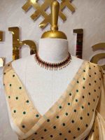 Kerala saree with plain body and with polka like dots on the saree boarder - Image 2