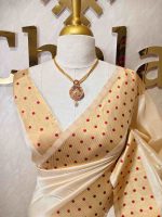 Kerala saree with plain body and with polka like dots on the saree boarder - Image 7