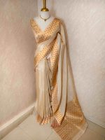 Kerala saree with plain body and with polka like dots on the saree boarder - Image 6