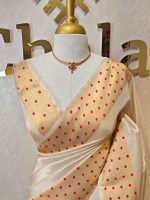 Kerala saree with plain body and with polka like dots on the saree boarder - Image 4