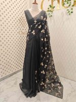 Net kota saree with thread work embroidery in a repeating pattern of leaves and small berry-like clusters on a vine - Image 3