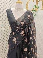 Net kota saree with thread work embroidery in a repeating pattern of leaves and small berry-like clusters on a vine - Image 4