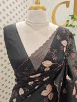 Net kota saree with thread work embroidery in a repeating pattern of leaves and small berry-like clusters on a vine - Image 5