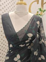 Net kota saree with thread work embroidery in a repeating pattern of leaves and small berry-like clusters on a vine - Image 8