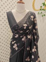 Net kota saree with thread work embroidery in a repeating pattern of leaves and small berry-like clusters on a vine - Image 10