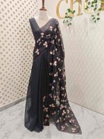 Net kota saree with thread work embroidery in a repeating pattern of leaves and small berry-like clusters on a vine - Image 15