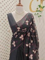 Net kota saree with thread work embroidery in a repeating pattern of leaves and small berry-like clusters on a vine - Image 13