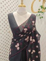 Net kota saree with thread work embroidery in a repeating pattern of leaves and small berry-like clusters on a vine - Image 16