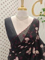 Net kota saree with thread work embroidery in a repeating pattern of leaves and small berry-like clusters on a vine - Image 17