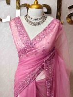 Net saree with sequin and cut-bead handwork border - Image 7
