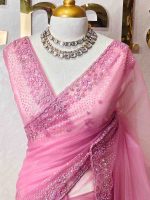 Net saree with sequin and cut-bead handwork border - Image 8