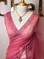 Net saree with sequin and cut-bead handwork border - Image 5