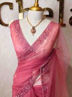 Net saree with sequin and cut-bead handwork border - Image 4