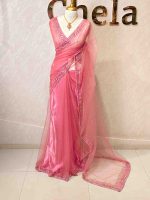Net saree with sequin and cut-bead handwork border - Image 6