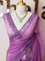 Net saree with sequin and cut-bead handwork border - Image 2