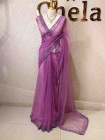 Net saree with sequin and cut-bead handwork border - Image 3
