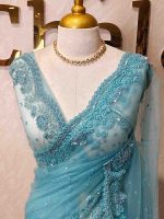 Net saree with floral handwork border - Image 2