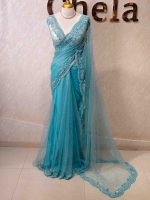 Net saree with floral handwork border - Image 3
