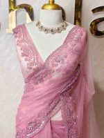 Net saree with floral handwork border - Image 7