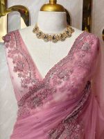 Net saree with floral handwork border - Image 8