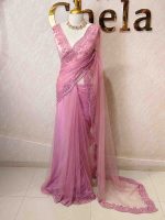 Net saree with floral handwork border - Image 9