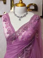 Net saree with floral handwork border - Image 5