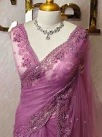 Net saree with floral handwork border - Image 4