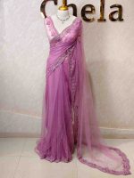 Net saree with floral handwork border - Image 6