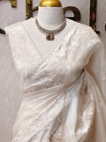 Organsa saree with elegant thread work on boarder along with a scalloped edje - Image 2