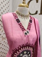 Linen salwar with large contrast coloured thread work on the body and on the neckline - Image 5
