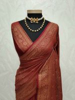 Soft katan with leaf like round shaped patterns all over the main body and boarders with flower motifs